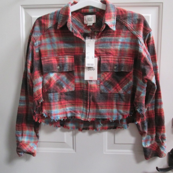 BDG Urban Outfitter RED plaid flannel long sleeves crop BUTTON DOWN shirt Sz XS - Picture 2 of 9